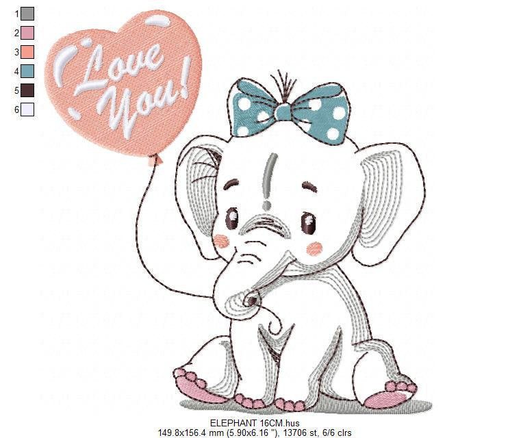 Elephant embroidery designs -  Animal with love balloon machine embroidery pattern - Love you Baby girl embroidery file - Instant download