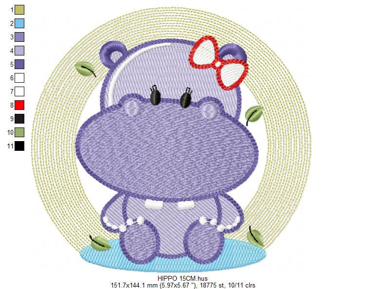 Hippo embroidery designs - Safari wild animal embroidery design machine embroidery pattern - Hippo with lace embroidery - instant download