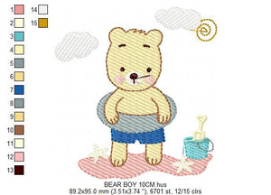 Bear at the beach embroidery designs - Girl Bear embroidery design machine embroidery pattern - Baby boy embroidery file - instant download