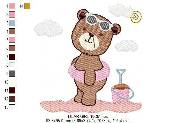 Bear at the beach embroidery designs - Girl Bear embroidery design machine embroidery pattern - Baby boy embroidery file - instant download Marcia Embroidery