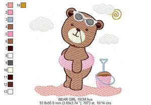 Bear at the beach embroidery designs - Girl Bear embroidery design machine embroidery pattern - Baby boy embroidery file - instant download