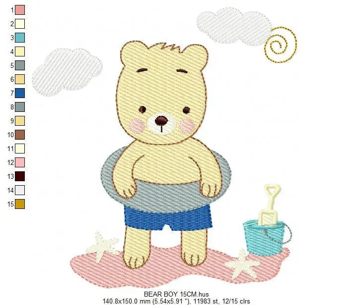 Bear at the beach embroidery designs - Girl Bear embroidery design machine embroidery pattern - Baby boy embroidery file - instant download Marcia Embroidery