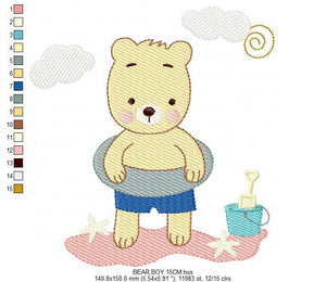 Bear at the beach embroidery designs - Girl Bear embroidery design machine embroidery pattern - Baby boy embroidery file - instant download