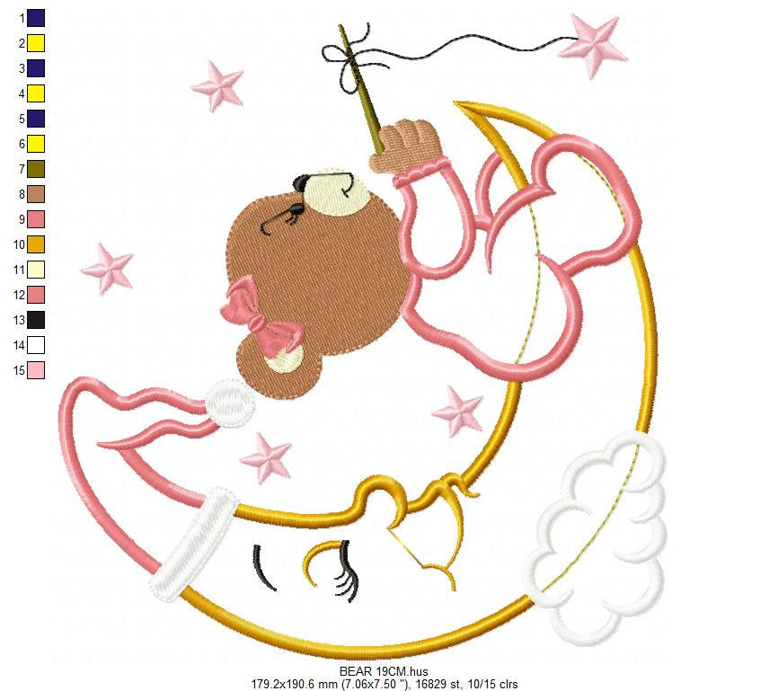 Female Bear embroidery designs - Moon and stars embroidery design machine embroidery pattern - Baby Bear applique design - instant download