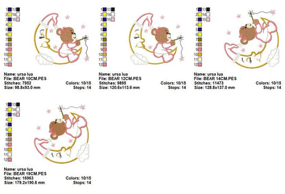 Female Bear embroidery designs - Moon and stars embroidery design machine embroidery pattern - Baby Bear applique design - instant download