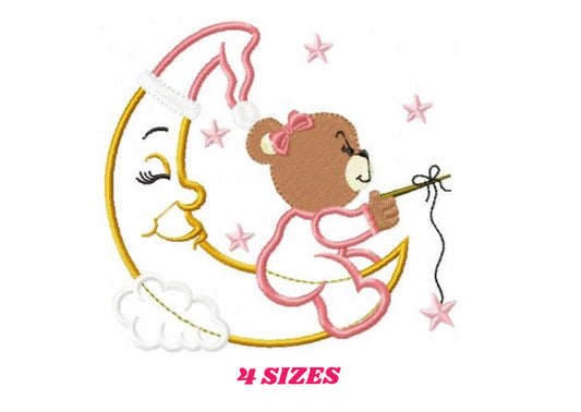 Female Bear embroidery designs - Moon and stars embroidery design machine embroidery pattern - Baby Bear applique design - instant download