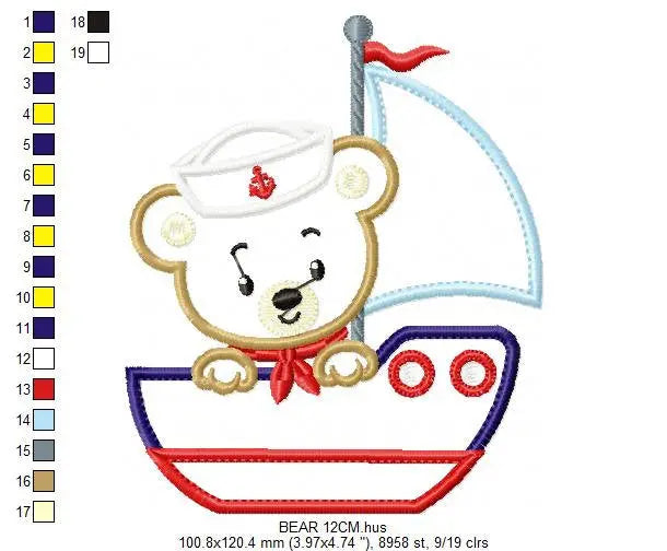 Bear embroidery designs - Boat applique machine embroidery pattern - Baby Boy Sailor bear applique design - Instant digital download pes jef Marcia Embroidery