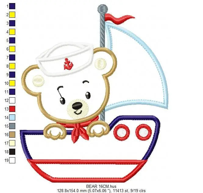 Bear embroidery designs - Boat applique machine embroidery pattern - Baby Boy Sailor bear applique design - Instant digital download pes jef Marcia Embroidery