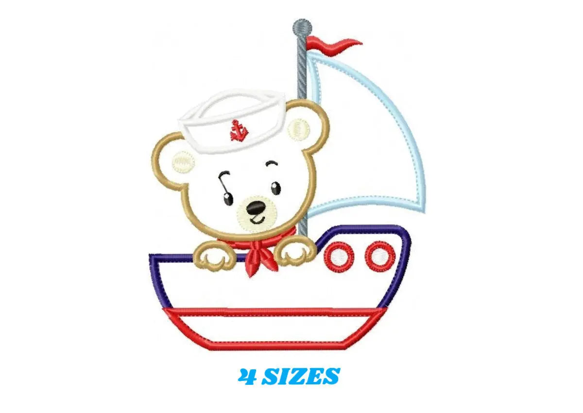 Bear embroidery designs - Boat applique machine embroidery pattern - Baby Boy Sailor bear applique design - Instant digital download pes jef Marcia Embroidery