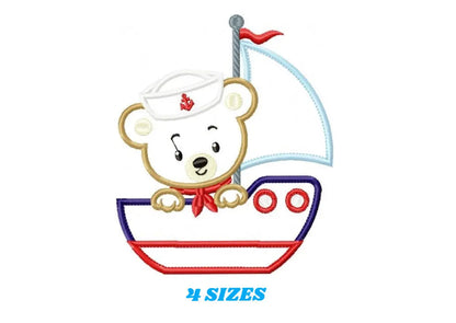 Bear embroidery designs - Boat applique machine embroidery pattern - Baby Boy Sailor bear applique design - Instant digital download pes jef Marcia Embroidery