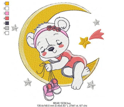 Bear embroidery designs - Moon embroidery design machine embroidery pattern - Baby girl embroidery file - Moon with stars instant download Marcia Embroidery