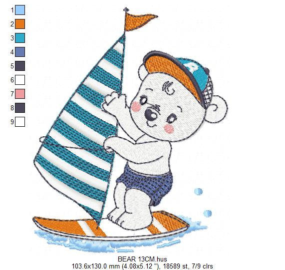 Windsurf embroidery designs - Bear with surfboard machine embroidery pattern - Baby boy file - Instant digital download pes jef dst hus vp3