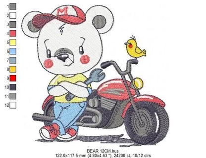 Bear with bike embroidery designs - Bear embroidery design machine embroidery pattern - Baby boy embroidery file - instant download Biker Marcia Embroidery