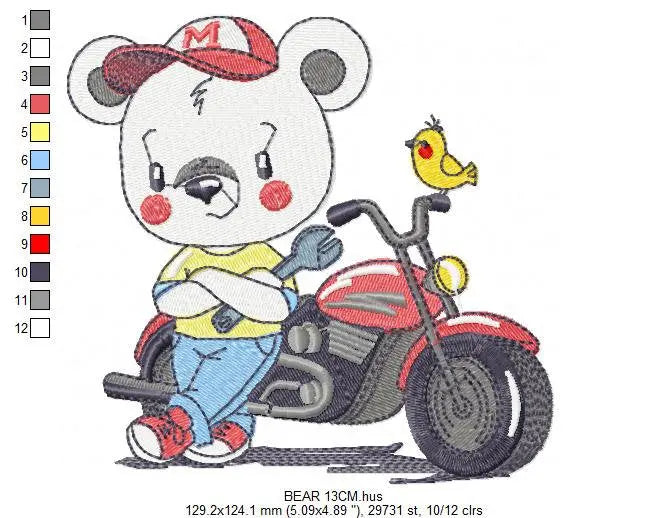 Bear with bike embroidery designs - Bear embroidery design machine embroidery pattern - Baby boy embroidery file - instant download Biker Marcia Embroidery