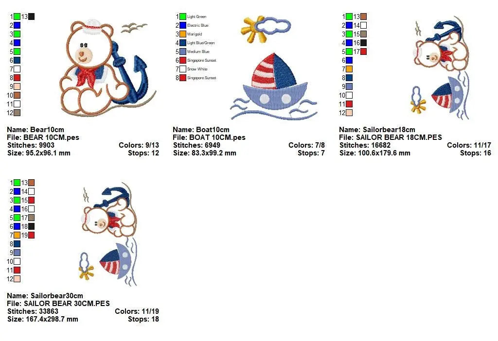 Boat embroidery designs - Sailor Bear with anchor machine embroidery pattern - Sailor bear applique - Teddy Nautical - Instant download pes Marcia Embroidery