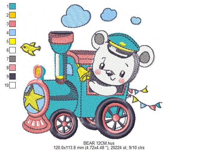 Bear with train embroidery designs - Baby Boy Bear machine embroidery pattern - Baby boy file - Instant digital download pes jef dst hus vp3