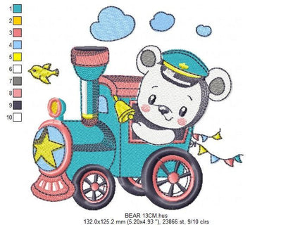 Bear with train embroidery designs - Baby Boy Bear machine embroidery pattern - Baby boy file - Instant digital download pes jef dst hus vp3