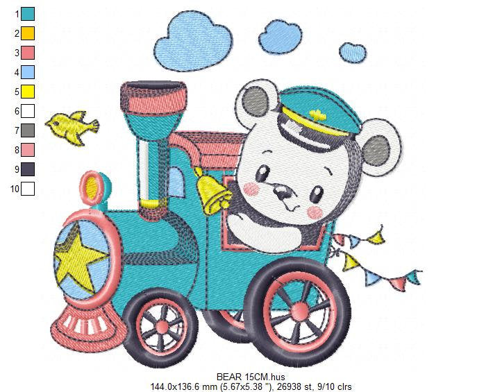 Bear with train embroidery designs - Baby Boy Bear machine embroidery pattern - Baby boy file - Instant digital download pes jef dst hus vp3