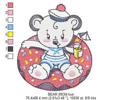 Bear with floater embroidery designs - Sailor Bear machine embroidery pattern - Baby boy file - Summer Beach party - Instant download pes Marcia Embroidery