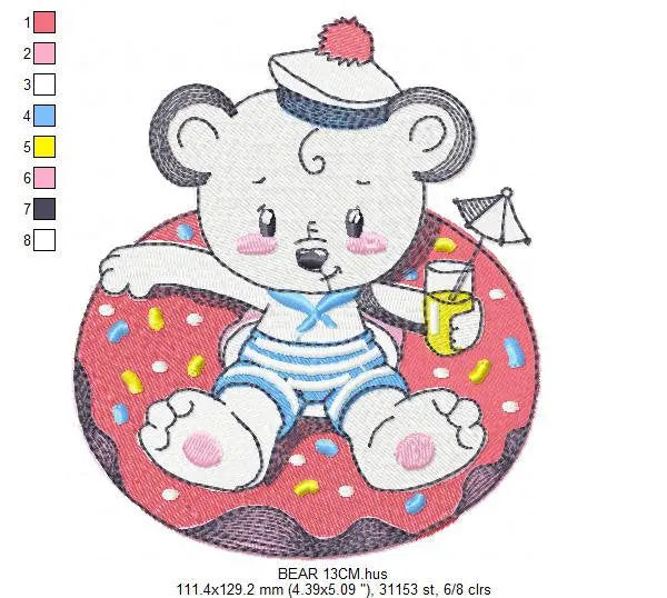 Bear with floater embroidery designs - Sailor Bear machine embroidery pattern - Baby boy file - Summer Beach party - Instant download pes Marcia Embroidery