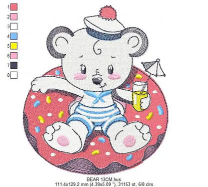 Bear with floater embroidery designs - Sailor Bear machine embroidery pattern - Baby boy file - Summer Beach party - Instant download pes Marcia Embroidery
