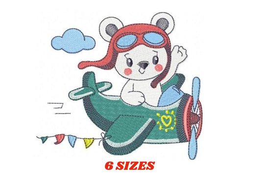 Bear with plane embroidery designs - Pilot Aviator Bear machine embroidery pattern - Baby boy file - Instant digital download pes jef dst