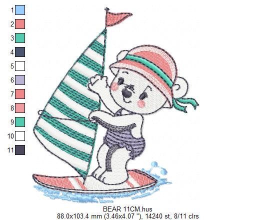 Windsurf embroidery designs - Bear embroidery design machine embroidery pattern - Baby girl embroidery file - instant download Surfer Bear Marcia Embroidery