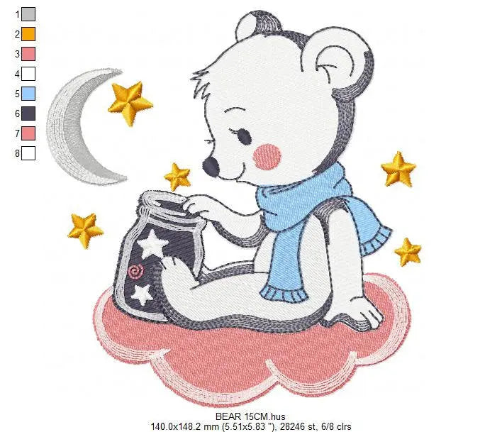 Bear embroidery designs - Moon embroidery design machine embroidery pattern - Baby Boy embroidery file - Bear with moon and stars  download Marcia Embroidery