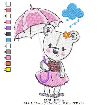 Bear embroidery designs - Teddy embroidery design machine embroidery pattern - bear with umbrella embroidery file - instant download raining Marcia Embroidery