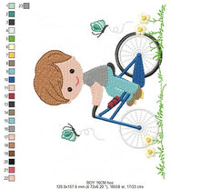 Carica l&#39;immagine nel visualizzatore di Gallery, Boy with bike embroidery designs - Baby Boy embroidery design machine embroidery pattern -  instant download Bicycle cyclist Biker kid toy
