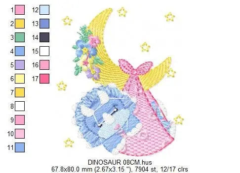 Dinosaur embroidery designs - Baby Dino with moon machine embroidery pattern - Baby girl file Triceraptors - Instant digital download pes Marcia Embroidery