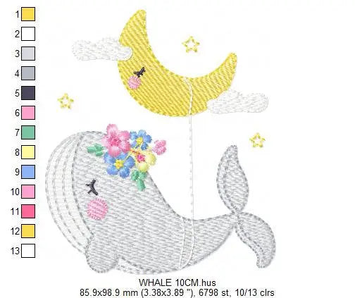 Whale embroidery designs - Baby girl embroidery design machine embroidery pattern - Whale with moon embroidery file - instant download pes Marcia Embroidery