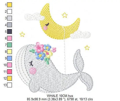 Whale embroidery designs - Baby girl embroidery design machine embroidery pattern - Whale with moon embroidery file - instant download pes Marcia Embroidery