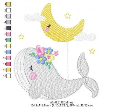 Whale embroidery designs - Baby girl embroidery design machine embroidery pattern - Whale with moon embroidery file - instant download pes Marcia Embroidery