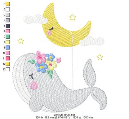 Whale embroidery designs - Baby girl embroidery design machine embroidery pattern - Whale with moon embroidery file - instant download pes Marcia Embroidery