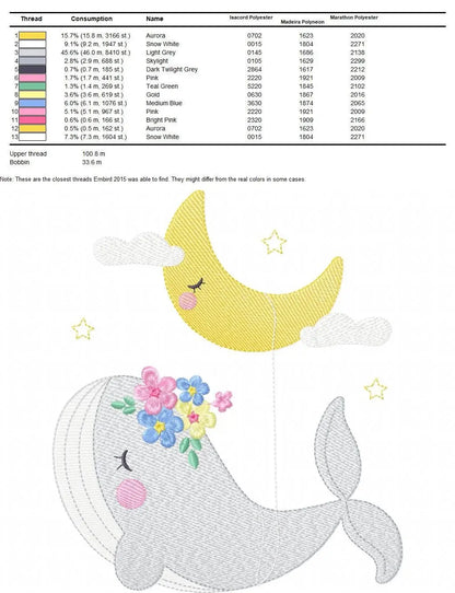 Whale embroidery designs - Baby girl embroidery design machine embroidery pattern - Whale with moon embroidery file - instant download pes Marcia Embroidery
