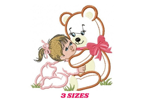 Teddy Bear embroidery designs - Bear with baby girl embroidery design machine embroidery pattern - Bear applique design nursery embroidery