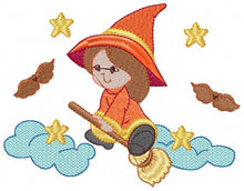 Cargar imagen en el visor de la galería, Witch embroidery designs - Halloween embroidery design machine embroidery pattern - instant download - baby girl embroidery Witch broom sky
