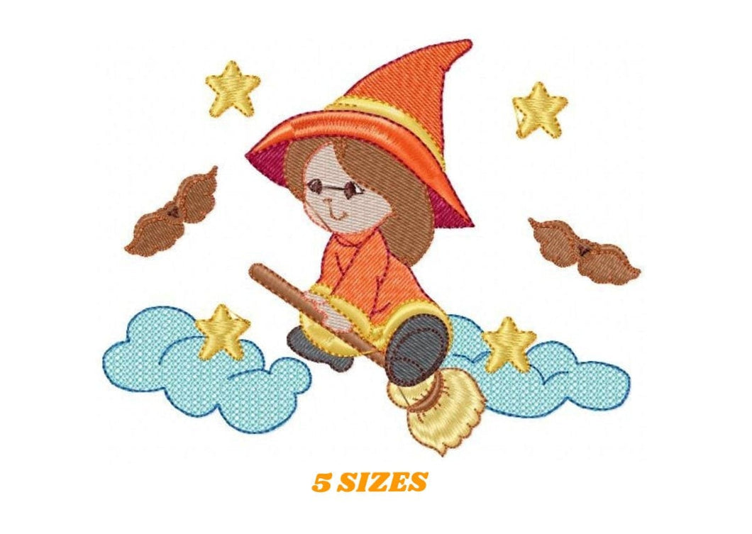 Witch embroidery designs - Halloween embroidery design machine embroidery pattern - instant download - baby girl embroidery Witch broom sky