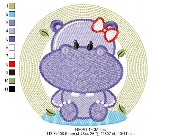 Hippo embroidery designs - Safari wild animal embroidery design machine embroidery pattern - Hippo with lace embroidery - instant download