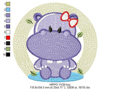 Hippo embroidery designs - Safari wild animal embroidery design machine embroidery pattern - Hippo with lace embroidery - instant download