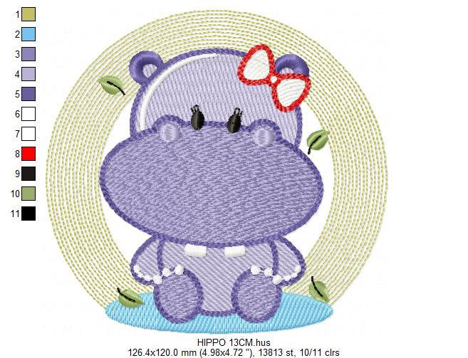 Hippo embroidery designs - Safari wild animal embroidery design machine embroidery pattern - Hippo with lace embroidery - instant download