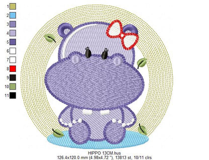 Hippo embroidery designs - Safari wild animal embroidery design machine embroidery pattern - Hippo with lace embroidery - instant download