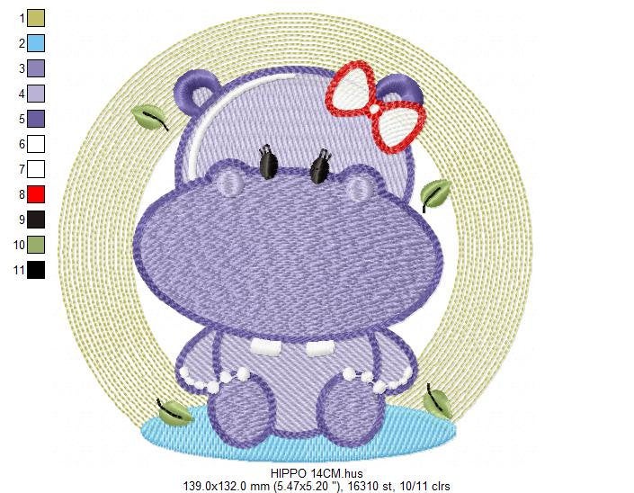 Hippo embroidery designs - Safari wild animal embroidery design machine embroidery pattern - Hippo with lace embroidery - instant download