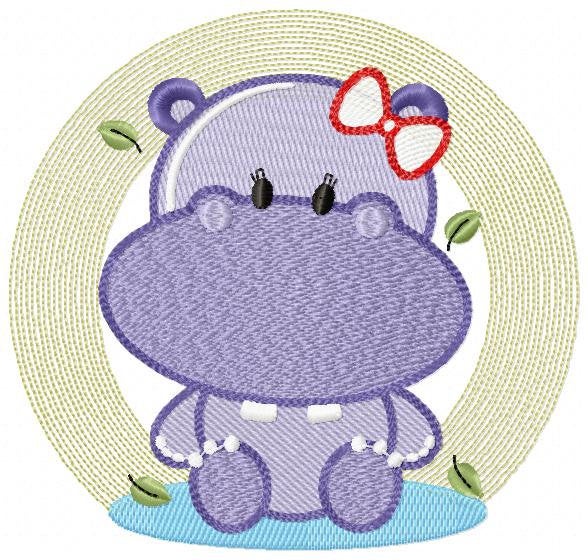 Hippo embroidery designs - Safari wild animal embroidery design machine embroidery pattern - Hippo with lace embroidery - instant download