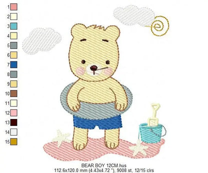 Bear at the beach embroidery designs - Girl Bear embroidery design machine embroidery pattern - Baby boy embroidery file - instant download Marcia Embroidery