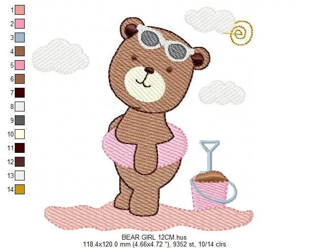 Bear at the beach embroidery designs - Girl Bear embroidery design machine embroidery pattern - Baby boy embroidery file - instant download Marcia Embroidery