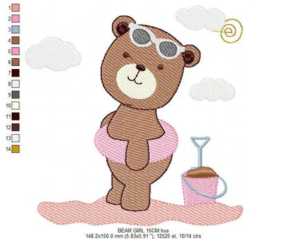Bear at the beach embroidery designs - Girl Bear embroidery design machine embroidery pattern - Baby boy embroidery file - instant download Marcia Embroidery