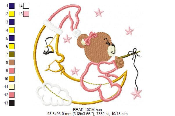 Female Bear embroidery designs - Moon and stars embroidery design machine embroidery pattern - Baby Bear applique design - instant download