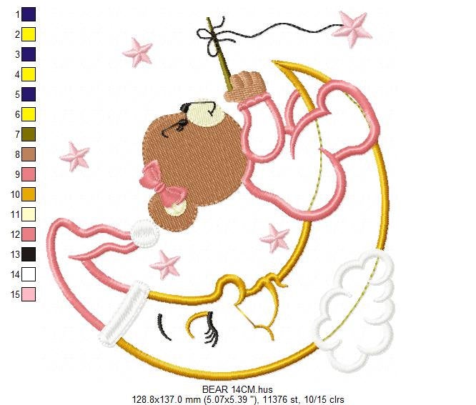 Female Bear embroidery designs - Moon and stars embroidery design machine embroidery pattern - Baby Bear applique design - instant download